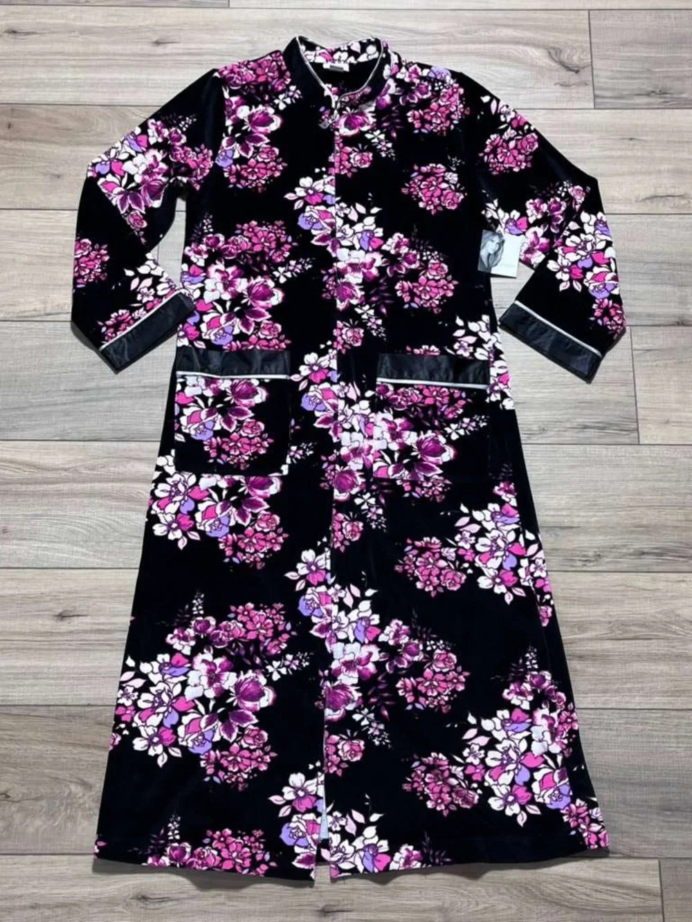 Jaclyn Smith Womens Full Zip Floral Robe Size Medium Black Pink - Picture 1 of 15